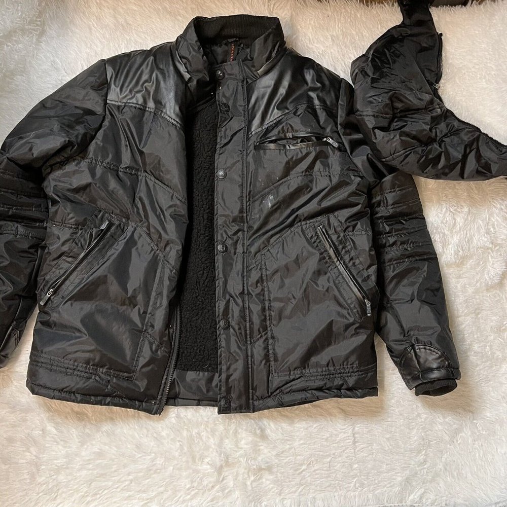 Sportier Puffer Jacket Quilted Full Zip Fleece Lined Black Men's Large With hood